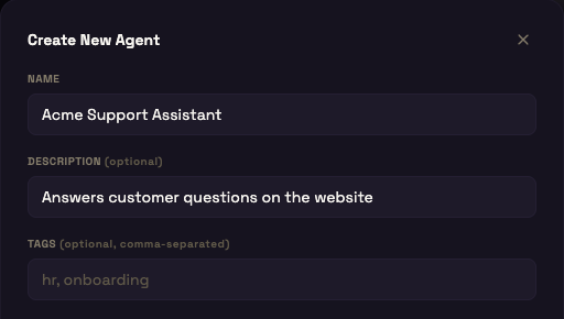 The Create New Agent form: name, description and tags.