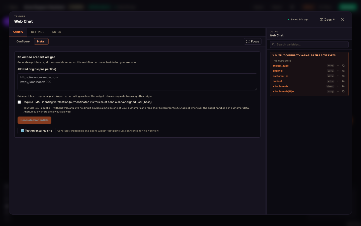 The Install tab: allowed origins, the identity-verification option and Generate Credentials.