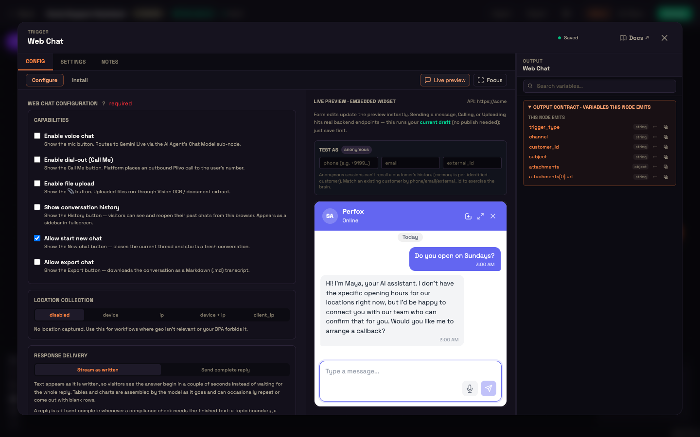 The Web Chat trigger with Live preview open: the settings on the left and the working chat widget on the right, answering in the persona you wrote.