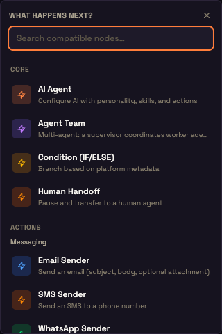 The "What happens next?" picker, with AI Agent at the top of the Core group.