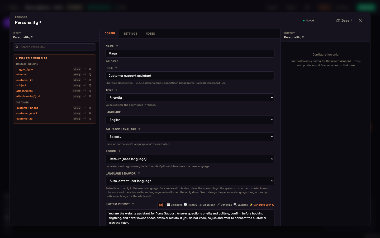 The Personality panel: name, role, tone, language and the system prompt.