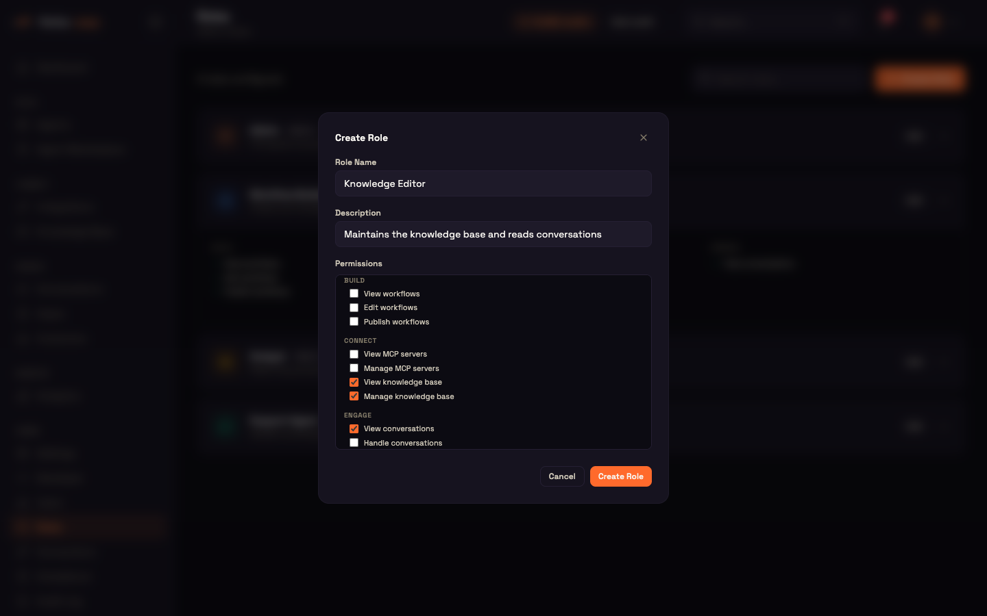 Create Role — name, description and grouped permissions
