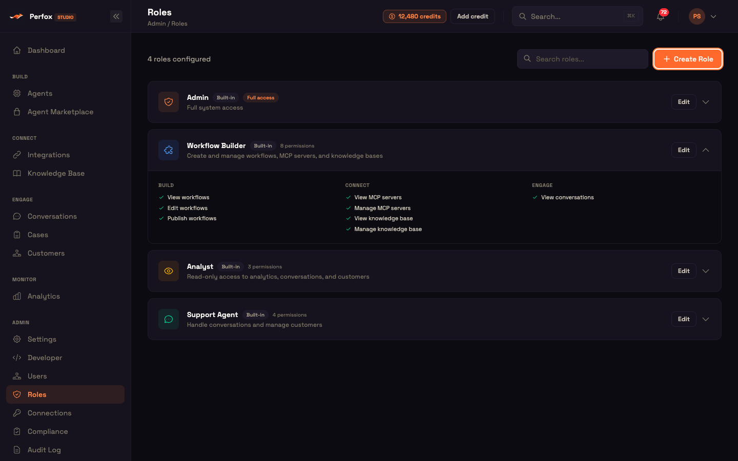Admin → Roles — built-in roles, with Workflow Builder expanded