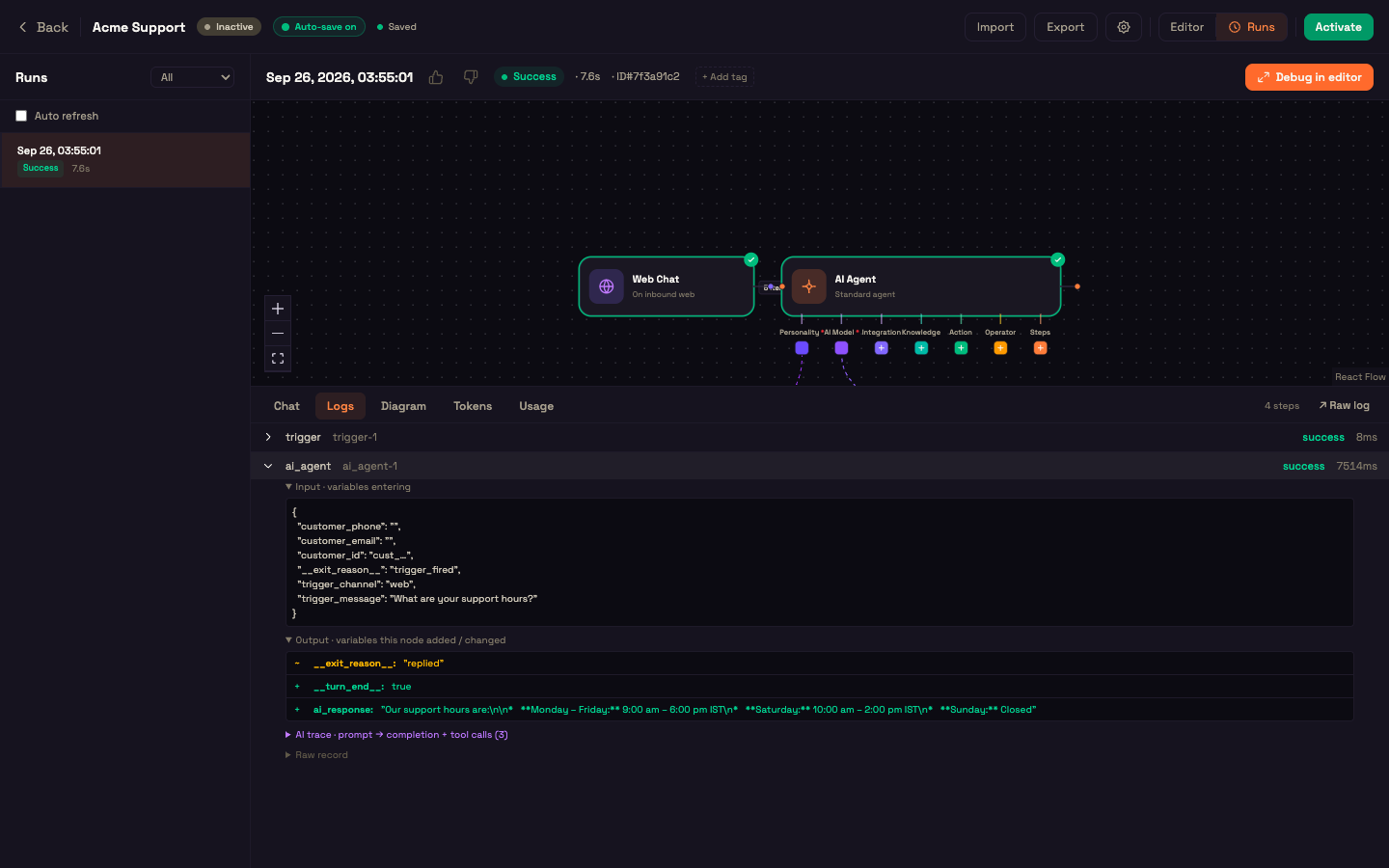 The Logs tab — the trigger and AI Agent steps, with the AI Agent expanded to show its input, the variables it changed, and the AI trace.