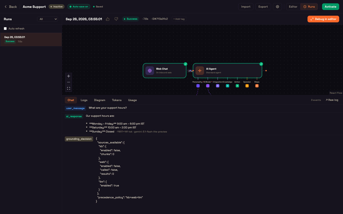 The Runs view — the runs list on the left, the replayed canvas, and the Chat tab for the selected run.