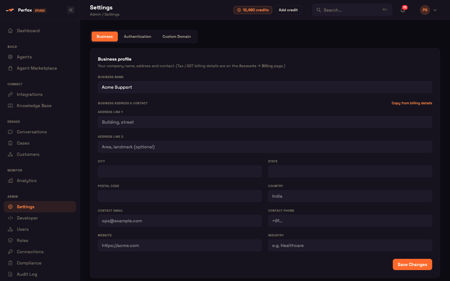 Settings → Business: the business profile