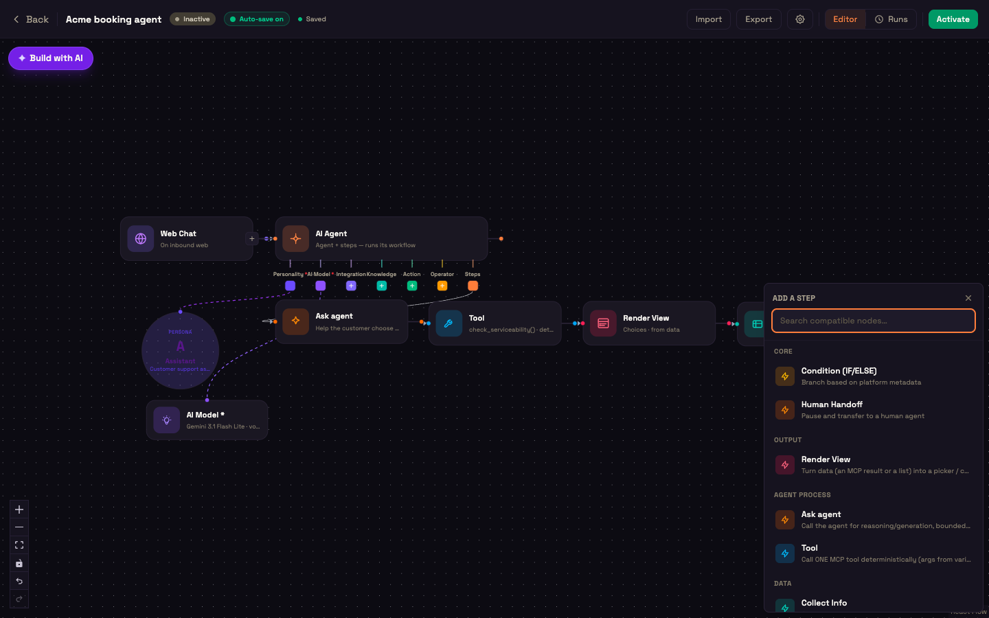The Add a step picker, listing the node types allowed inside Steps.