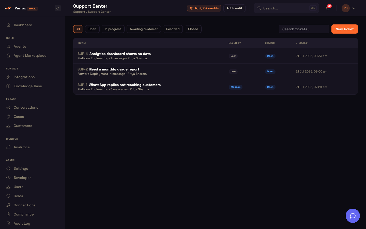 The Support Center — status filter pills, Search tickets…, New ticket, and a list of tickets with their SUP number, subject, team, severity, status and last update.