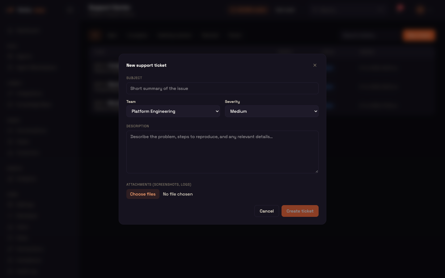 The New support ticket form — Subject, Team, Severity, Description and Attachments, with Cancel and Create ticket.