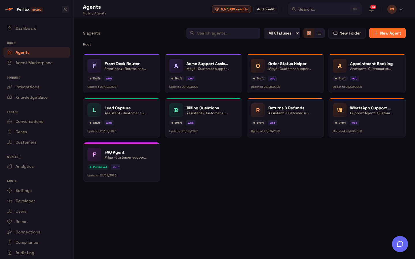 Build → Agents: every agent as a card with its status (Draft or Published) and when it was last updated.