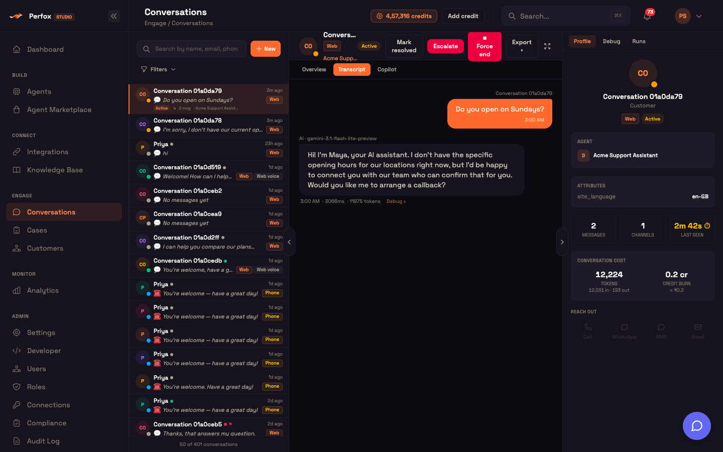 Engage → Conversations: the conversation list on the left, the transcript in the middle, and the customer, agent and cost details on the right.