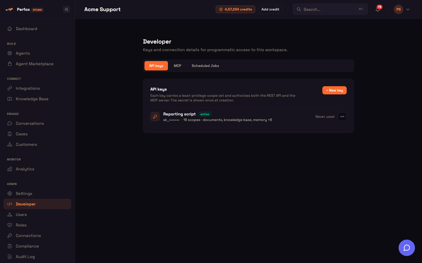 Admin → Developer: the API keys tab, with New key and a list of keys showing their scopes and last use.