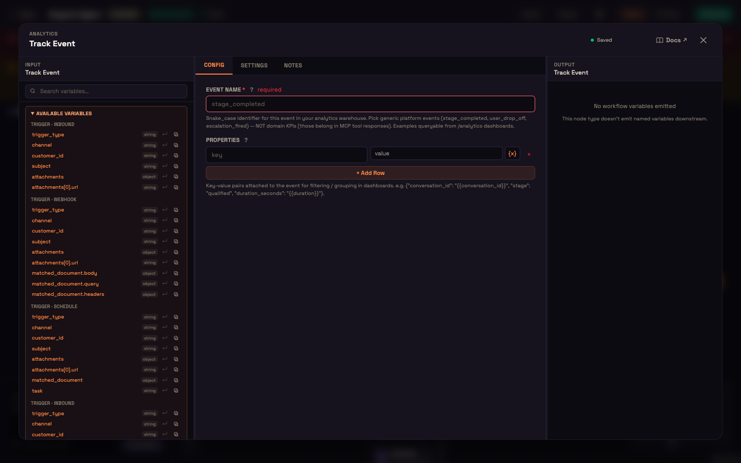 The Track Event panel — a required Event name and a Properties table of key / value rows, each value able to use a variable.