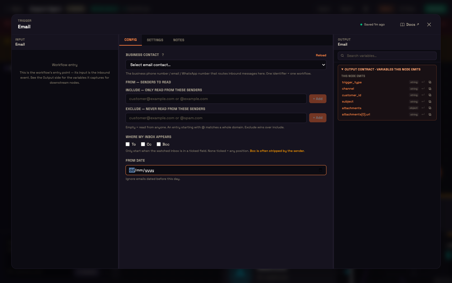 The Email trigger — Business Contact, sender include/exclude lists, the To / Cc / Bcc position filter and From date.