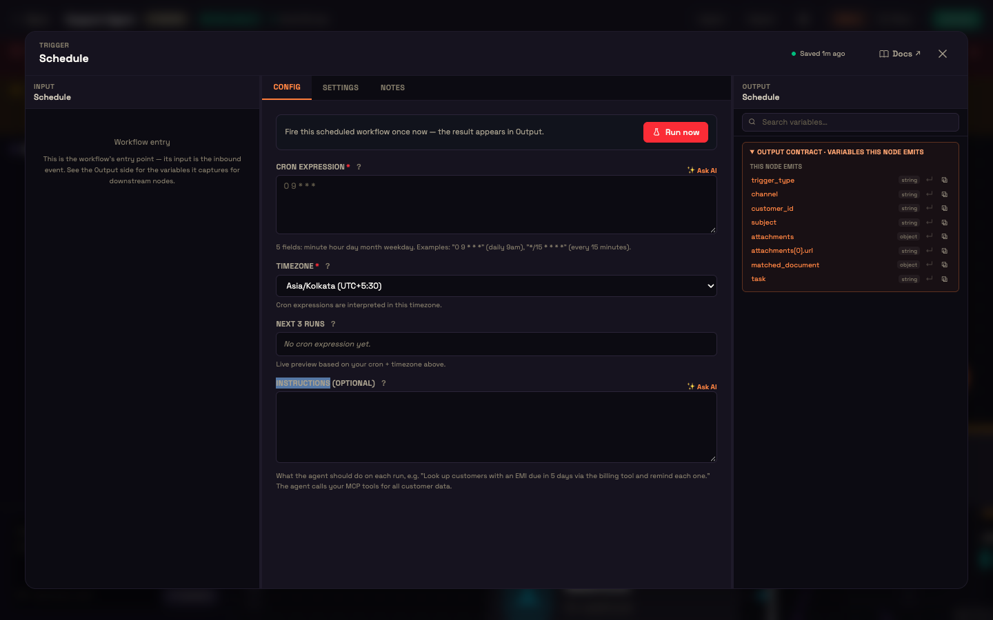 The Schedule trigger — Run now, Cron Expression with Ask AI, Timezone, Next 3 Runs and Instructions.