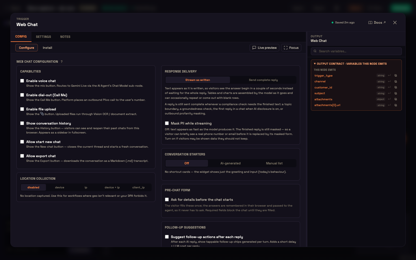 The Web Chat trigger, Configure view — Capabilities, Location Collection, Response Delivery, Conversation Starters, Pre-chat Form and Follow-up Suggestions.
