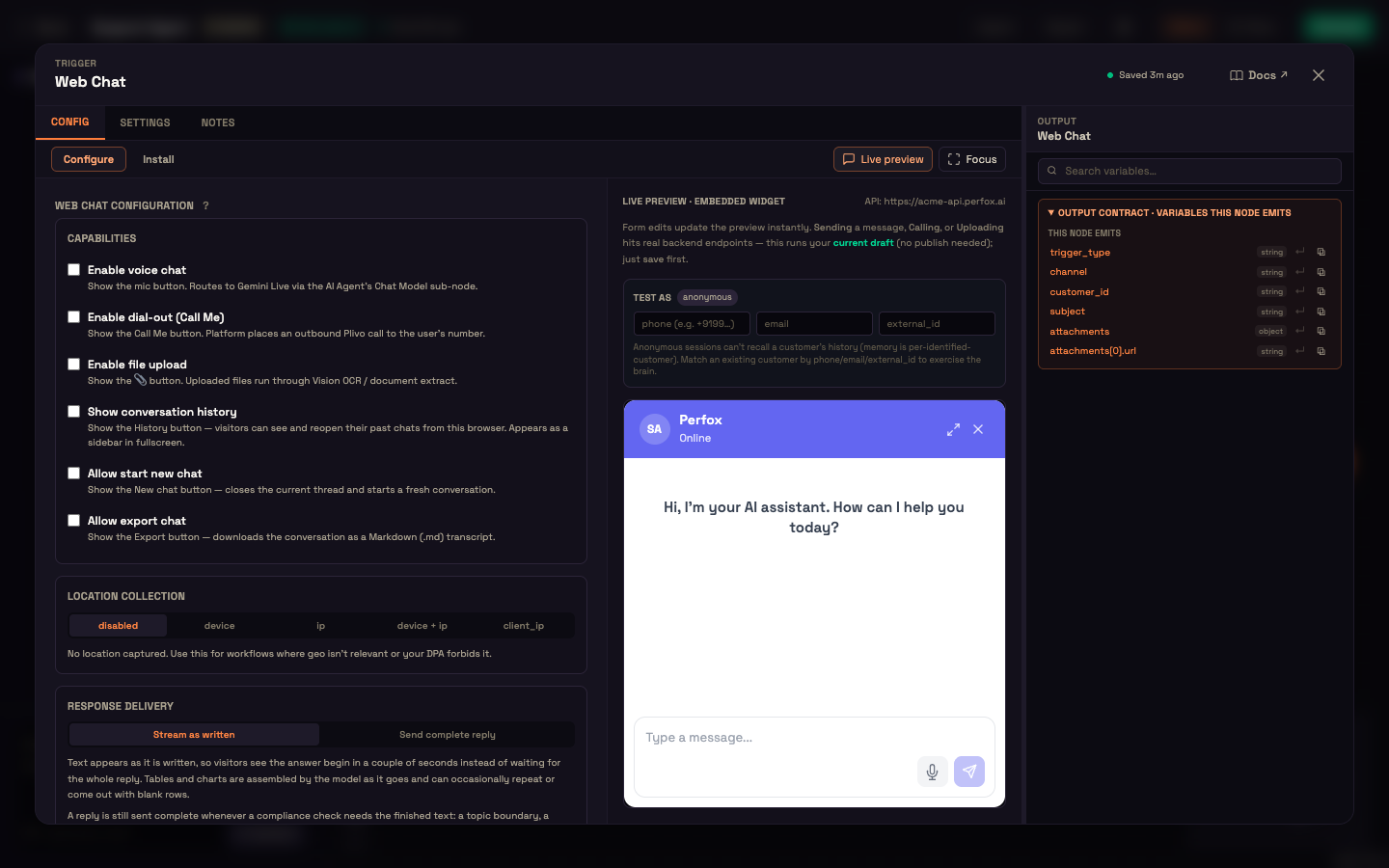 The Web Chat Live preview — the settings on the left and a working widget running the current draft on the right, with the Test as panel above it.