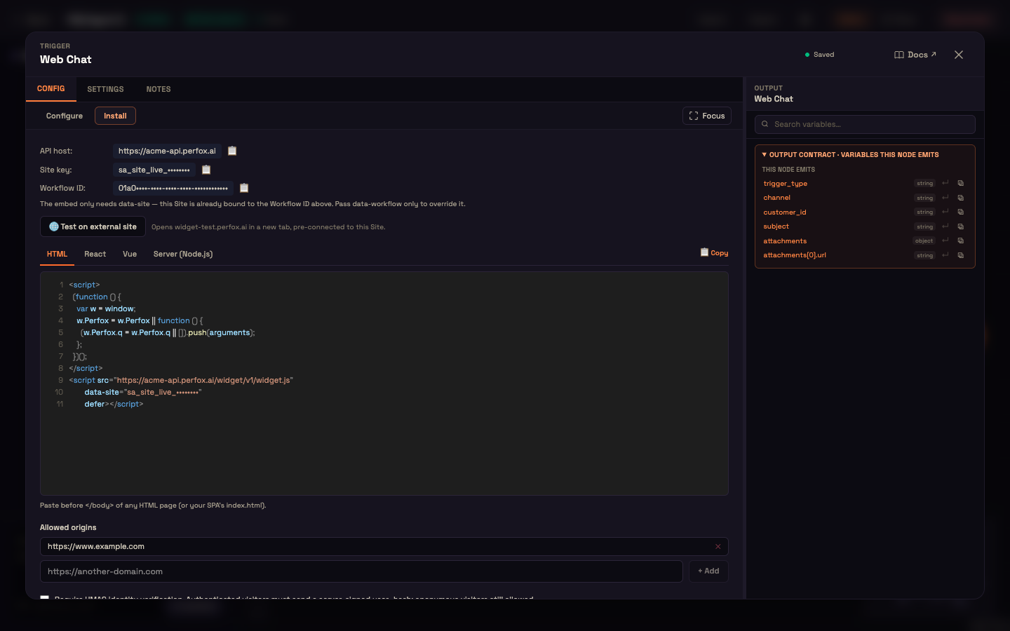 The Web Chat trigger's Install tab after credentials exist — API host, Site key, the HTML / React / Vue / Server (Node.js) snippets and Allowed origins.