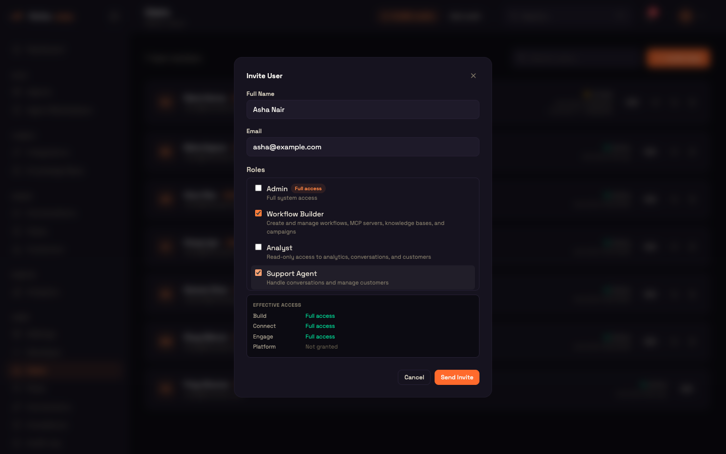 The Invite User dialog with two roles selected and the effective-access summary