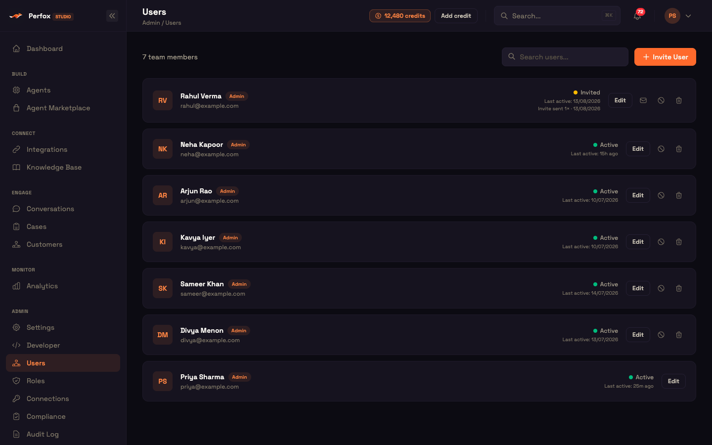 Admin → Users — the team roster