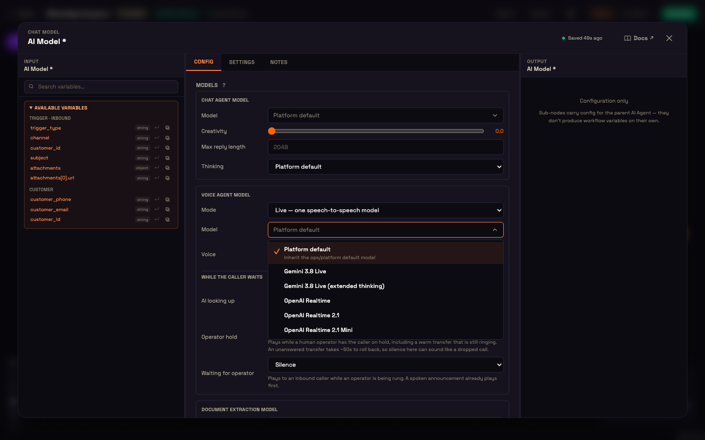 The Voice agent model section in Live mode with the Model list open — Platform default, Gemini 3.8 Live, Gemini 3.8 Live (extended thinking), OpenAI Realtime, OpenAI Realtime 2.1 and OpenAI Realtime 2.1 Mini.