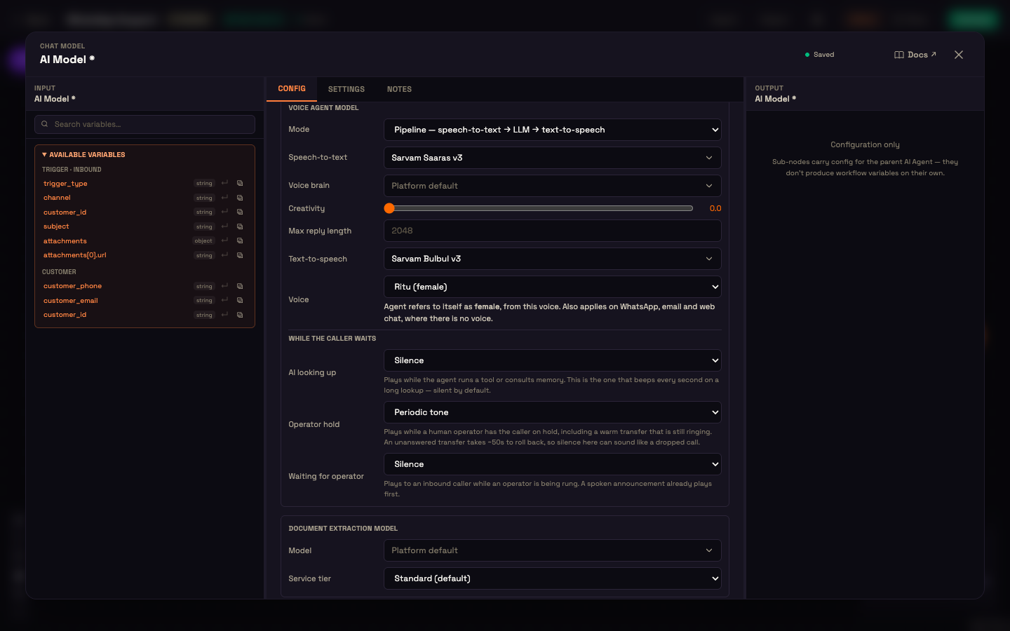The AI Model sub-node's Voice agent model section in Pipeline mode — Sarvam Saaras v3 speech-to-text, the voice brain, Sarvam Bulbul v3 text-to-speech with the Ritu (female) voice, and the hold-cue settings.