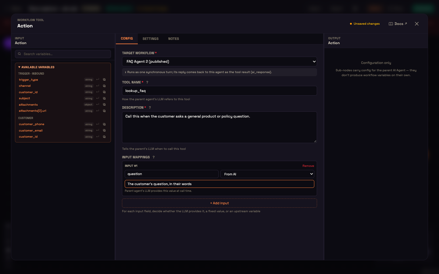The Action panel: Target Workflow with its inline note, Tool Name, Description, and one Input Mapping set to From AI.